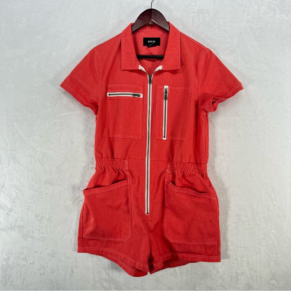 Atwyld Romper Womens Large Red Denim Zip Up Jumpsuit Shorts Mechanic Collared